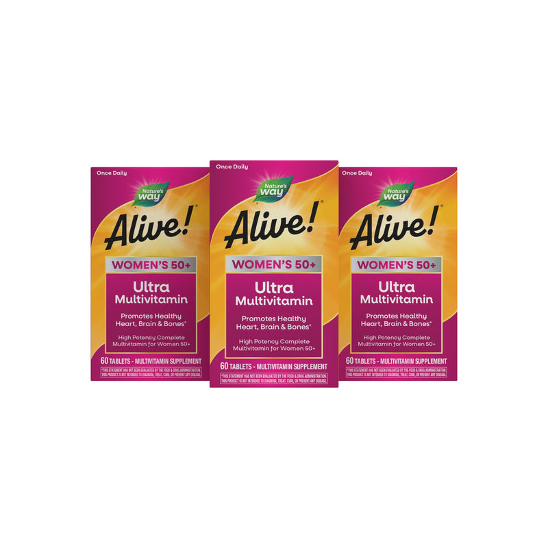 Nature's Way Alive! Women's 50 Plus Ultra Potency Multivitamin, 60 ct x3 | Complete and High Potency Formula with Vitamin D3, C, E, and Methylated B12; Supports Heart, Brain, and Bone Health*. 60 Count (Pack of 3)
