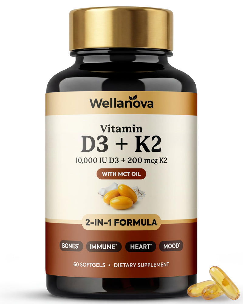 Vitamin D3 K2 10,000 IU – Pure 2-in-1 Vitamin Supplement for Men & Women | MK-7 200 Mcg With Coconut Oil, 60 Softgels
