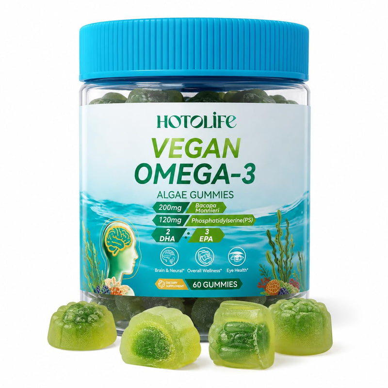 Omega 3 Gummies for Women Men Kids, 600mg Brain & Eye Support, Algae, 90Ct | Plant-Based Algae DHA EPA with Orange Flavor, Lutein, Zeaxanthin, Vitamins A C E, PS and Bacopa for 2-Gummy Daily Routine