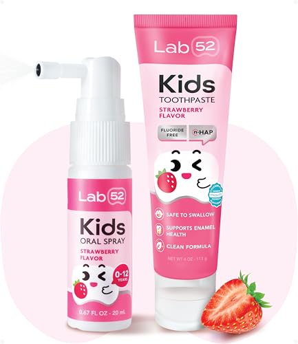 LAB52 Kids Oral Spray and Fluoride Free Kids Toothpaste for Toddler Children, Helps Build Brushing Habits, Supports Enamel Health, Safe if Swallowed, Xylitol Strawberry Spray and Strawberry Toothpaste
