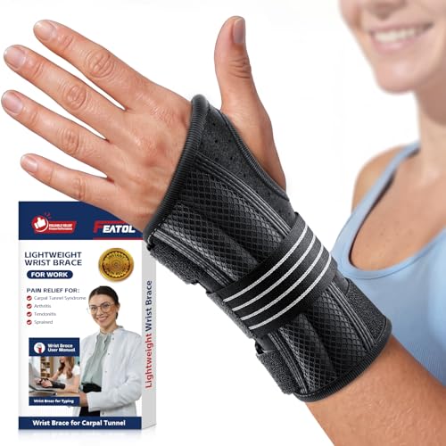 FEATOL Lightweight Carpal Tunnel Wrist Brace for Daily Work, 7 inches Comfortable & Adjustable Night Support for Women Men, Hand Brace With Splint Pain Relief for Tendonitis, Sprains, Arthritis,Left H