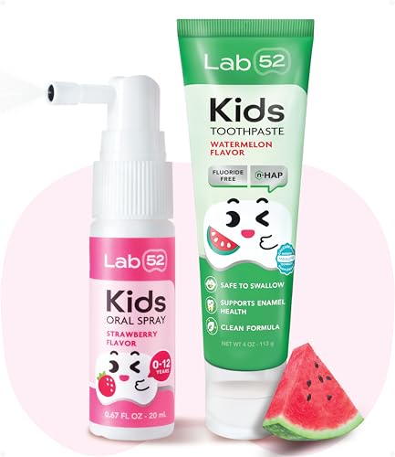 LAB52 Kids Oral Spray and Fluoride Free Kids Toothpaste for Toddler Children, Helps Build Brushing Habits, Supports Enamel Health, Safe if Swallowed, Xylitol Strawberry Spray and Watermelon Toothpaste