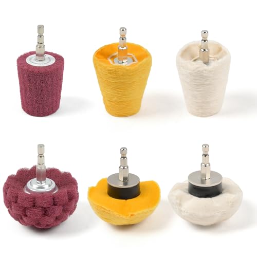 6PCS Buffing Wheels for Drill,Non-Woven & Cotton Wheel Polishing Kit for Drill 1/4" Secure Hex Shank,Wheel Shaped Polishing Tool for Metal Aluminum,Stainless Steel,Chrome,Jewelry,Wood,Plastic 12PCS