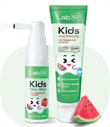LAB52 Kids Oral Spray and Fluoride Free Kids Toothpaste for Toddler Children, Helps Build Brushing Habits, Supports Enamel Health, Safe if Swallowed, Xylitol Watermelon Spray and Watermelon Toothpaste