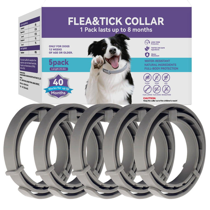 Wiiks&Wooks Flea and Tick Collar for Dogs, 5 Packs Flea Collar for Dogs for 40 Months Protection, Waterproof & Adjustable Flea and tick Prevention Collar for Small Medium Large Dogs & Puppies, Grey 5 Pack Flea Collars