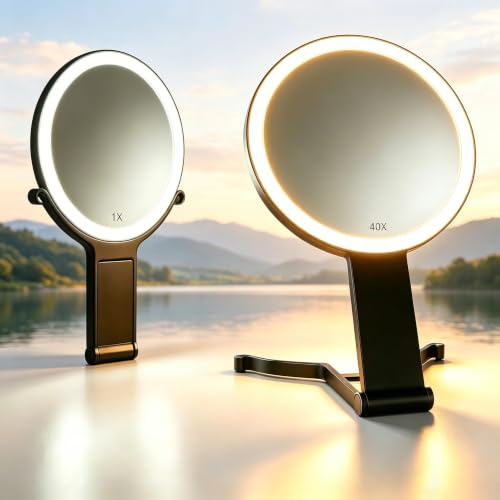 Travel Makeup Mirror with Lights & Foldable Stand, 6" Double Sided 1X/40X Magnifying Portable Lighted Hand Mirror for Men Women, 1X Full Face & 40X POWERFUL Magnification Only for Details Checking Black.1x/40x