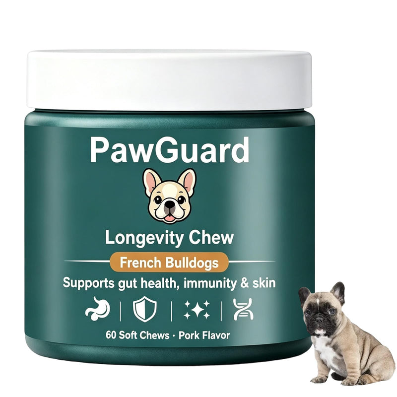 PawGuard French Bulldog Longevity Chews, Breed-Specific Formula for Gut Health, Skin & Coat, Immune System, Joint Mobility Pork Flavor, 60 Count Probiotics Chews (1 PC) 1 PC