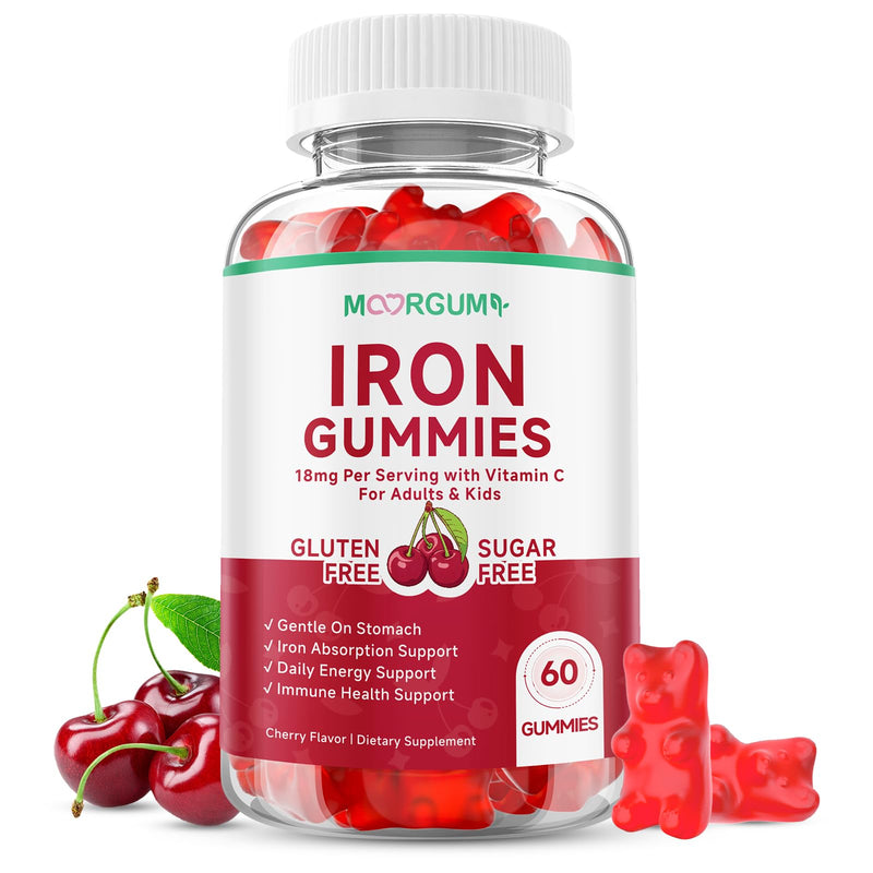 Iron Gummies with Vitamin C, High Absorption 18mg Iron Supplements for Adults & Kids, Blood Builder & Energy Support for Women and Men, Gentle on Stomach, Cherry Flavor, 60 Count