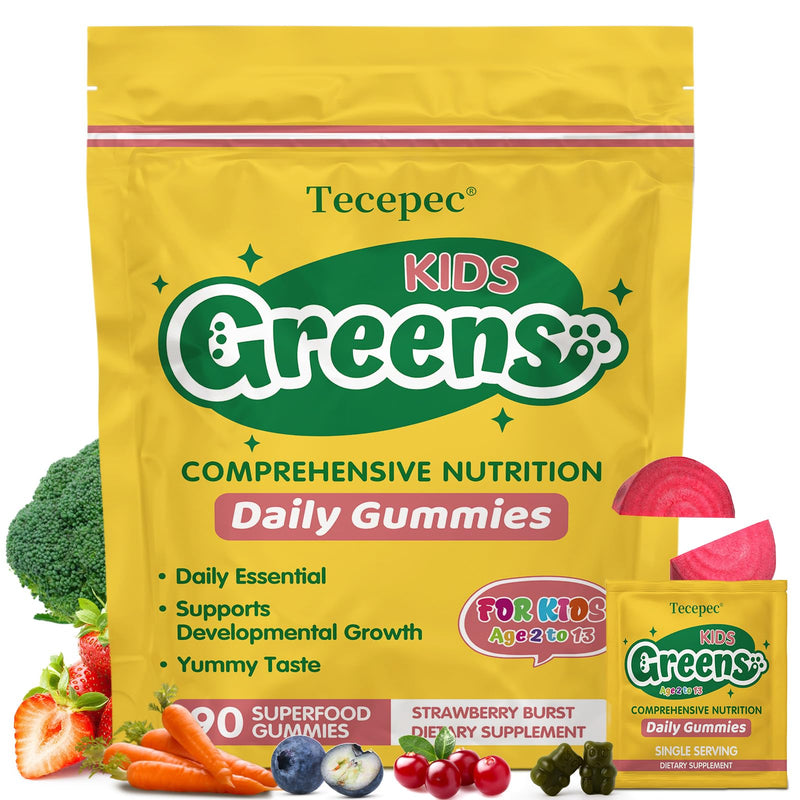 Greens Daily Gummies for Kids, Superfood Fruits and Veggies Blend with Spirulina, Chlorella, Prebiotics & Fiber, Adaptogens Multivitamin Supplement for Digestive Health, Non-GMO, 90 Count 90 Count (Pack of 1) Low Sugar