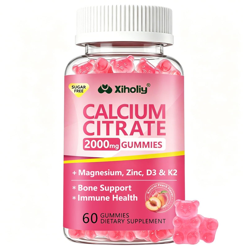 Calcium Citrate Gummies 2000 mg - Calcium Supplement for Women & Men,60 Ct | Plus Vitamin D3, K2, Magnesium, Zinc - High Absorption Supports Bone, Teeth & Immunity - Peach Flavor, Sugar-Free, Vegan 60 Count (Pack of 1)