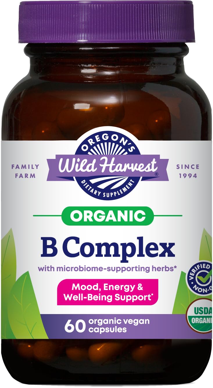 Oregon's Wild Harvest B Complex Capsules | 60 USDA Certified Organic Vegan Capsules | Whole Food B Vitamins with Microbiome-Supporting Herbs | Non-GMO, Gluten-Free, Dairy-Free, Soy-Free