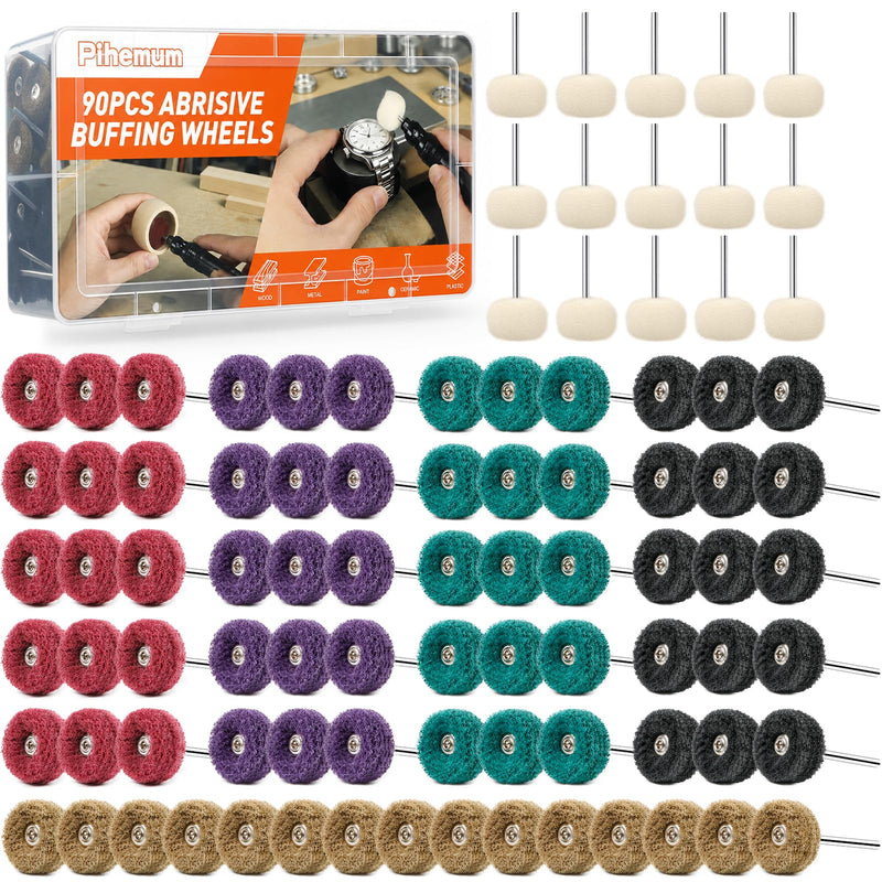 90-Piece Abrasive Buffing & Polishing Wheel Set - 1/8" Shank, 1" (25mm) 80-800 Grit, 15 Wool Felt Buffing Wheels, Rotary Tool Polishing Kit for Metal, Jewelry, Wood, Glass Mix 90Pcs