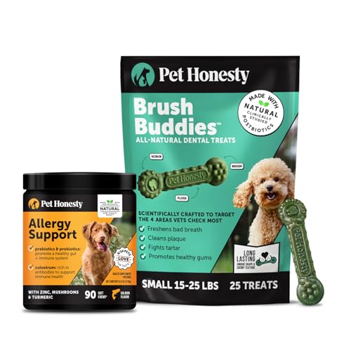 Pet Honesty Dog Wellness Virtual Bundle – Allergy Relief Immunity Chews (Salmon, 90 Ct) + Brush Buddies Dental Sticks for Small Dogs (25 Ct) – Itch Support, Plaque & Breath Care