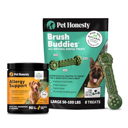 Pet Honesty Dog Wellness Virtual Bundle – Allergy Relief Immunity Chews (90 Ct) + Brush Buddies Dental Sticks for Large Dogs (8 Ct) – Itch Support, Plaque & Breath Care