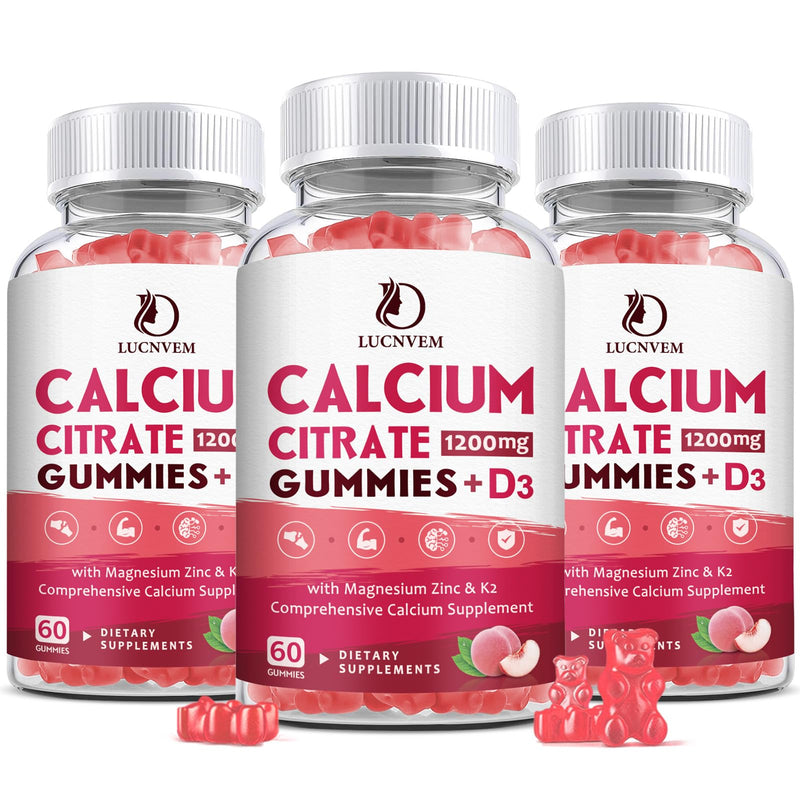 Calcium Citrate 1200mg with Vitamin D3 Supplements Gummies for Women & Men, Calcium Gummies with Vitamin D3 K2, High Absorption for Bone Muscle Healthy- Peach Flavor- 90 Day Supply （3 Pack） 60 Count (Pack of 3)