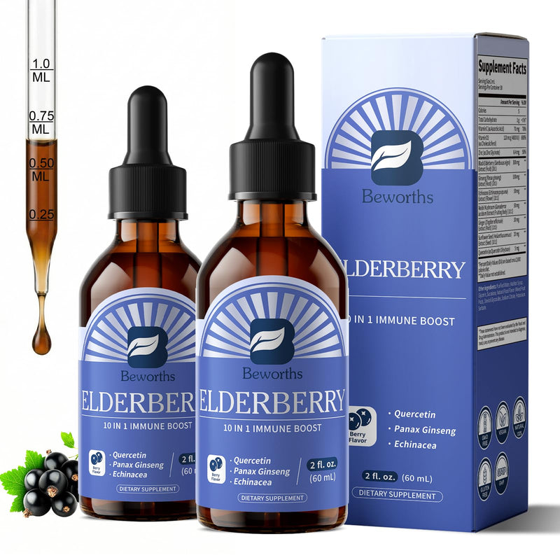 2 Pack Elderberry Syrup Black Elderberry Drops with Quercetin, Panax Ginseng, Vitamin C and Zinc, Sambucus Liquid, Vegan, Non-GMO & Gluten Free 2 Fl Oz (Pack of 2)