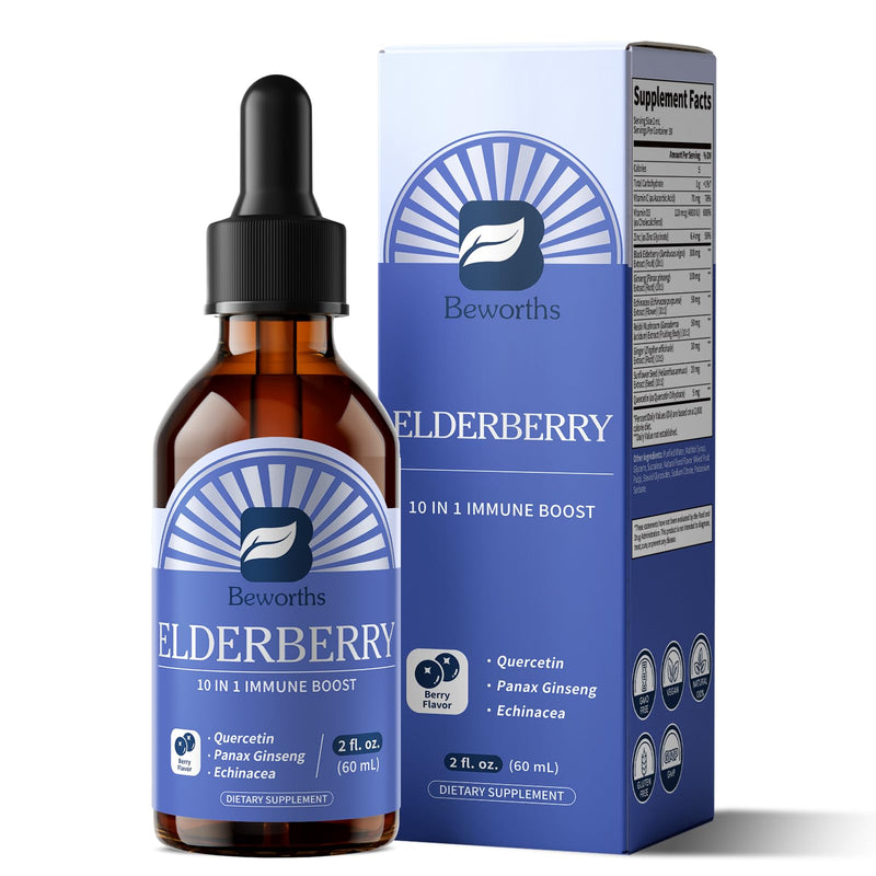 Elderberry Syrup Black Elderberry Drops with Ginseng, Quercetin, Panax Ginseng, Vitamin C and Zinc, Sambucus Liquid, Vegan 2 Fl Oz (Pack of 1)