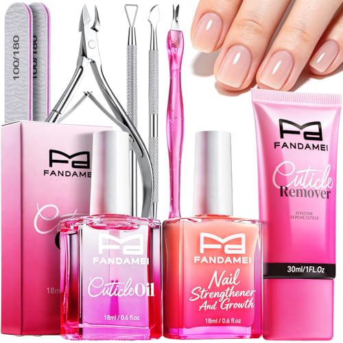 FANDAMEI Nail Care Kit for Women, Cuticle Remover Tools with Cuticle Softener, Scented Oil, Nail Strengthener and Growth Pink Polish, Manicure kit Cuticle Tools Nippers, Pushers, Nail File for Prep