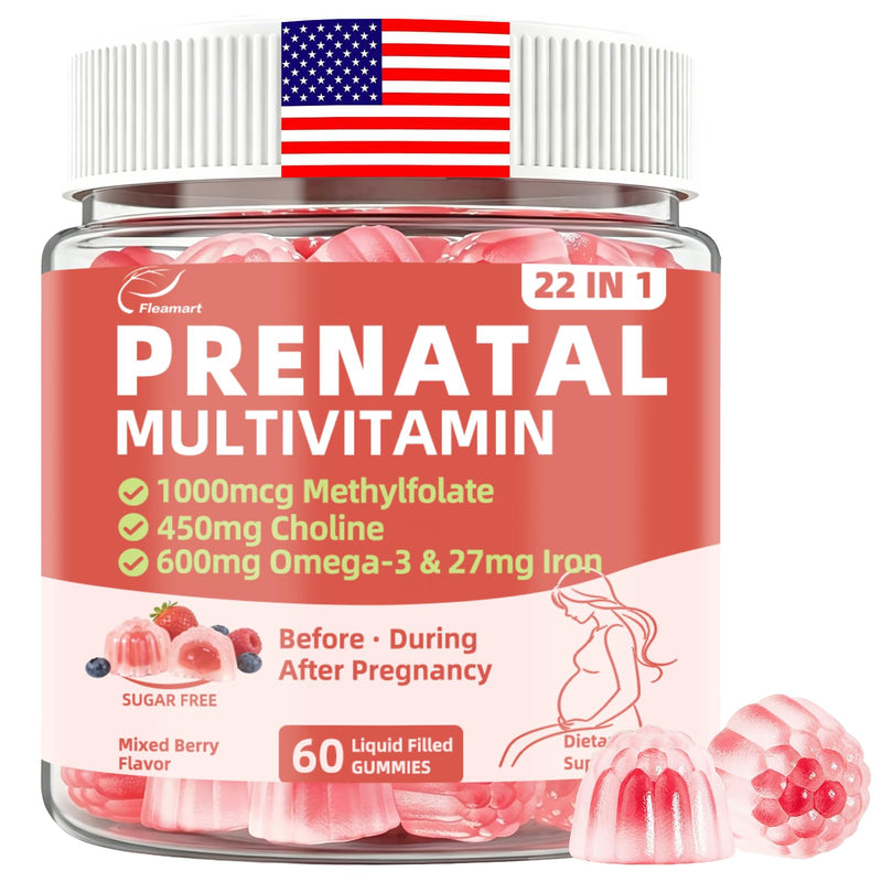 Prenatal Vitamins for Women Gummies w/ DHA Iron Choline Methylfolate, 60Cts | Prenatal Gummies w/ Vegan Omega-3, Multivitamin, Probiotics, Postnatal Vitamin for Women Before, During & After Pregnancy 60 Count (Pack of 1)