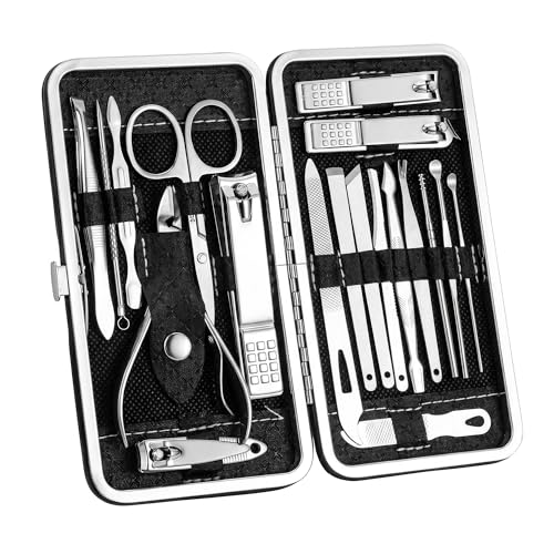 19-Piece Nail Clippers Set: Professional Fingernail & Ingrown Toenail Clipper Cutters for Men and Women – Stainless Steel Grooming Kit with Stylish Leather Travel Case! (Black-19Pcs) Black-19pcs