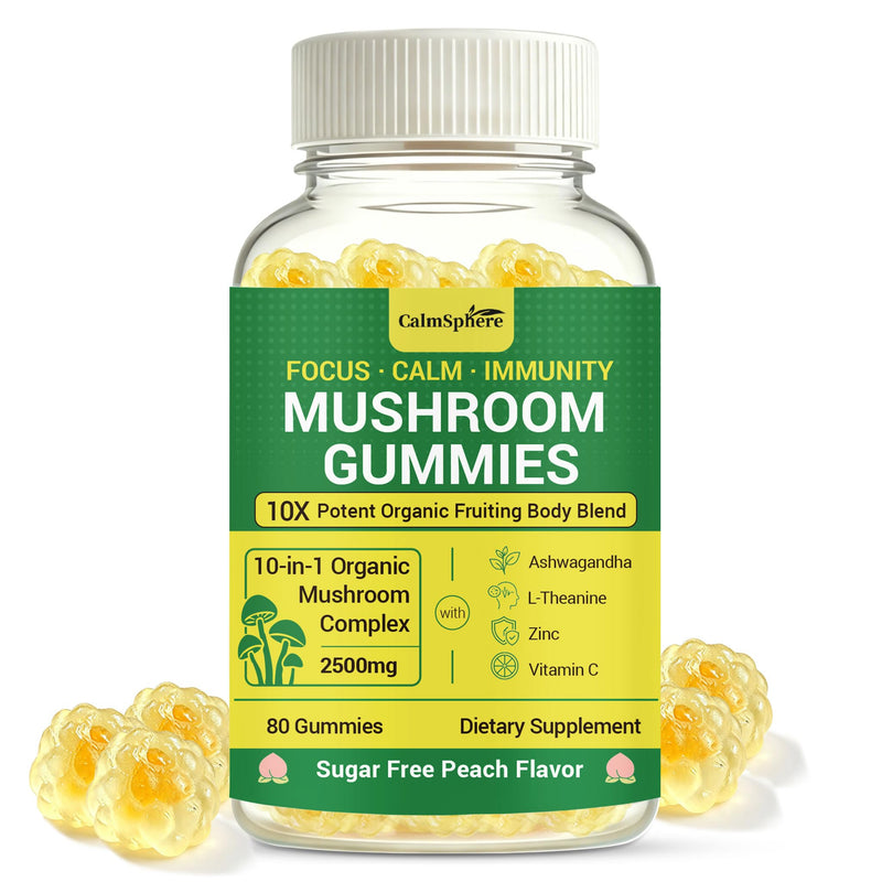 Mushroom Gummies - All-in-1 Organic Mushroom Complex 2500mg with Ashwagandha, L-Theanine, Zinc, Vitamin C - Focus, Calm & Immunity Support, Sugar Free Peach Flavor, 80 Gummies
