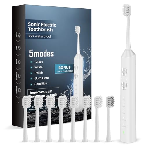 Sonic Electric Toothbrush Powered 180 Days Runtime 8 Brush Heads White