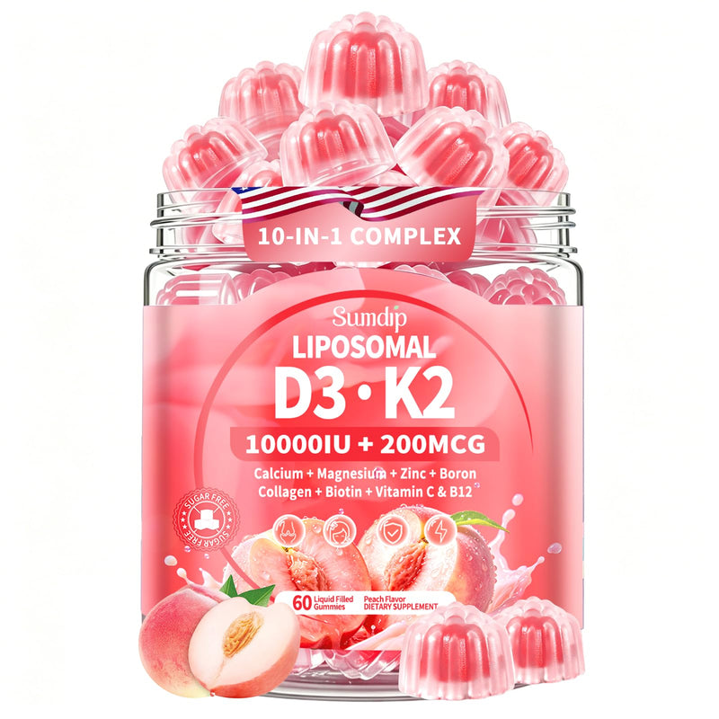 Vitamin D3 K2 Gummies, 10-in-1 Liposomal 10000 IU Vitamin D3 & K2 200 mcg | with Calcium, Magnesium, Collagen, Biotin, Zinc & B12, Bone, Skin & Immune Support, Sugar Free, Peach Flavor, 60 Count 60 Count (Pack of 1)