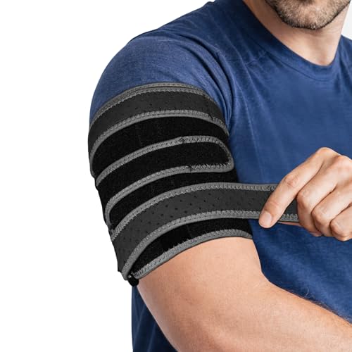 Bicep Tendonitis Brace for Pain Relief, Upper Arm Compression Support with Dual Spring Stabilizers for Biceps & Triceps, Adjustable Arm Compression Wrap for Sports, Gym & Daily Use S/M