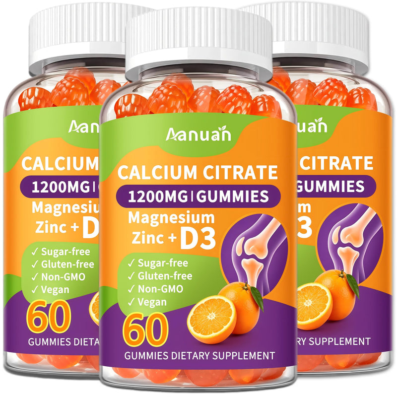 (3 Pack) Calcium Citrate 600-1200mg Magnesium Zinc D3 Gummies for Women Men | Calcium Supplements For Bone, Teeth & Muscle Healthy, High Absorption, Sugar Free, Vegan, Non-GMO, Pectin-Based,Orange Flavor 60 Count (Pack of 3)