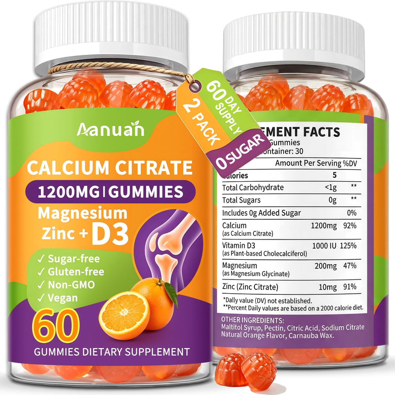 (2 Pack) Calcium Citrate 600-1200mg Magnesium Zinc D3 Gummies for Women Men | Calcium Supplements For Bone, Teeth & Muscle Healthy, High Absorption, Sugar Free, Vegan, Non-GMO, Pectin-Based,Orange Flavor 60 Count (Pack of 2)