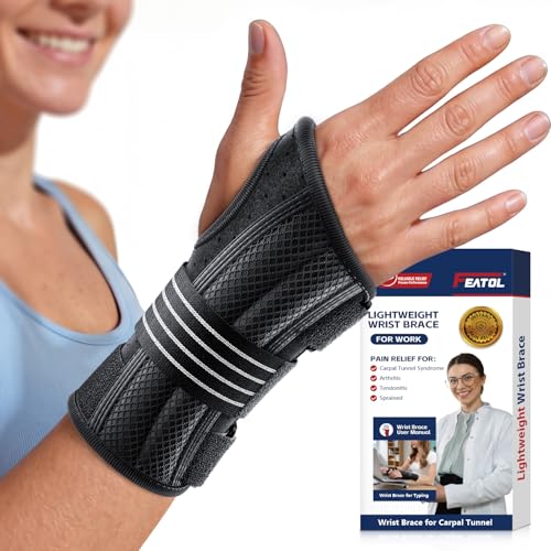 FEATOL Lightweight Carpal Tunnel Wrist Brace for Daily Work, 7 inches Comfortable & Adjustable Night Support for Women Men, Pain Relief for Tendonitis, Sprains, Arthritis, Righ Hand, Large