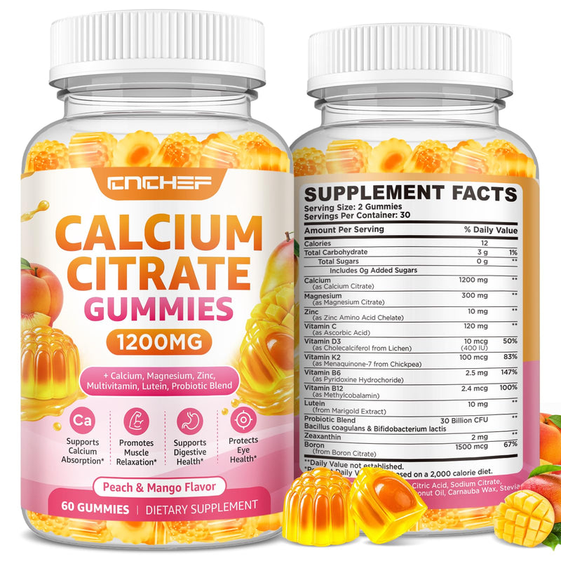 Calcium Gummies 1200mg, Calcium Supplements for Women with Vitamin D3, K2, Magnesium, Zinc High Absorption for Bone Muscle & Immune Support, Sugar Free, Vegan, Peach & Mango Flavor 60 Count (Pack of 1)