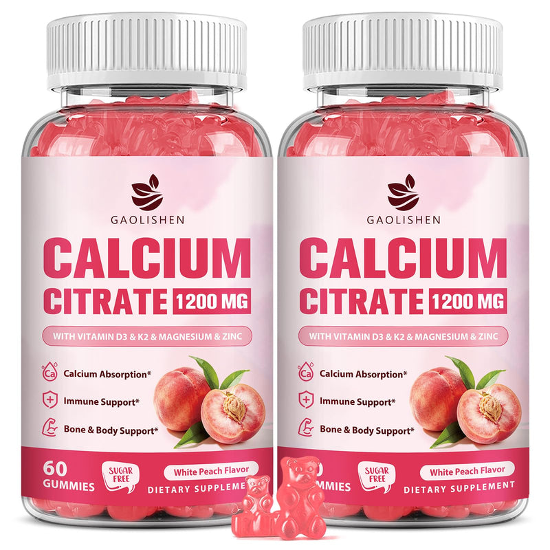 (2 Pack) Calcium Citrate 1200mg with Vitamin D3 K2 Gummies for Women & Men, High Absorption Calcium Supplement for Bone & Muscle Health, Sugar-Free, Peach Flavor - 60 Day Supply