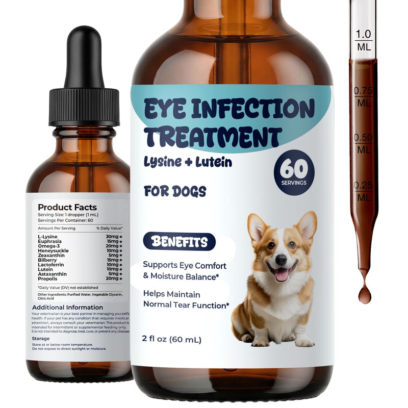 Dog Eye Infection Treatment & Eye Care Support Supplement for Dogs, Helps Soothe, Tear Stains, Discharge & Dry Eyes, with L-Lysine, Omega-3, 2 fl oz