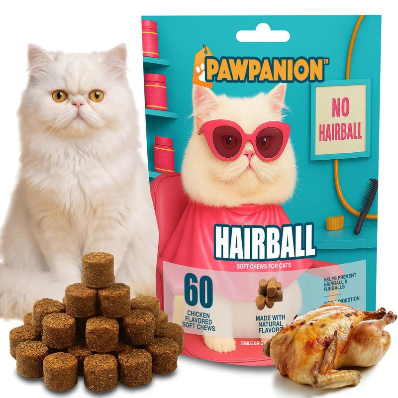 Hairball Soft Chews for Cats, Hairball Control & Digestive Support, Psyllium Fiber + Lecithin + Omega Fatty Acids, Skin & Coat Support, 60 Soft Chews Chicken Flavor