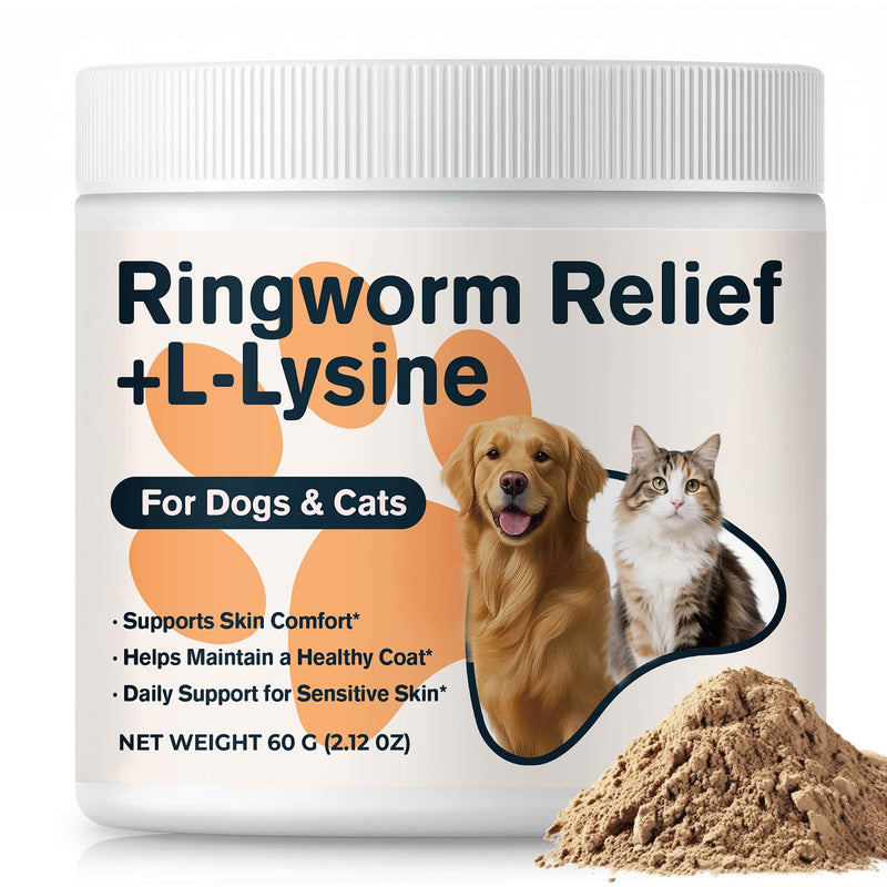 Ringworm Treatment for Dogs & Cats + L-Lysine, Skin & Coat Support Powder, Helps Reduce Scratching, Itching & Patchy Coat, with Fish Oil, Beta-Glucan, Turmeric, Zinc & Biotin, 60 g
