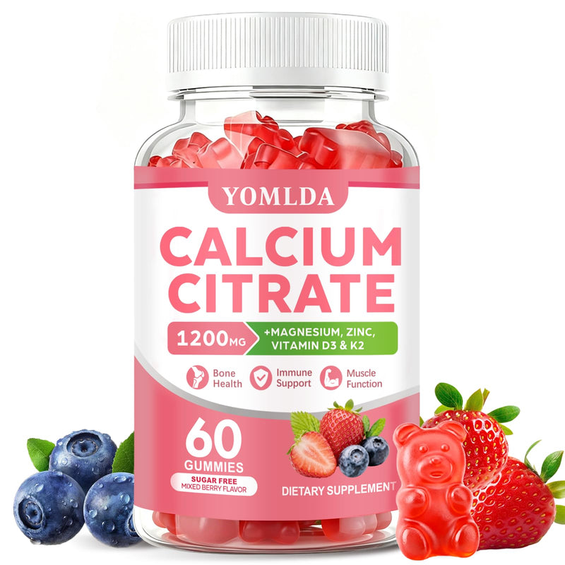 Calcium Citrate Gummies 1200 mg with Vitamin D3 & K2 for Women & Men, Calcium Gummies Sugar Free, Vegan, High Absorption, Easy to Digest for Bone, Muscle & Immune Support, Mixed Berry Flavor 60 Count (Pack of 1)