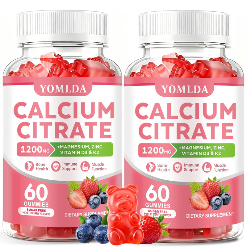 Calcium Gummies Calcium Citrate 1200mg with Vitamin D3 K2, Magnesium & Zinc | Calcium Citrate Gummies Sugar Free, Vegan, High Absorption for Women & Men, Easy Digest, Bone & Muscle & Immune Support 120Ct 60 Count (Pack of 2)