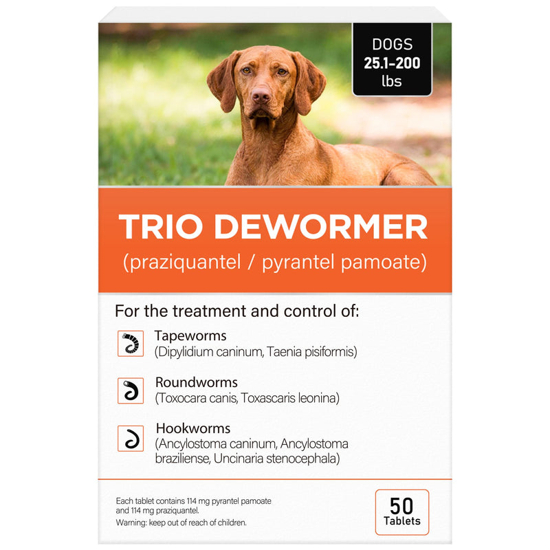 Trio Dewormer for Dogs, Tablets for Tapeworms, Roundworms & Hookworms, Pyrantel Pamoate/Praziquantel, for Medium and Large Dogs Over 25 lbs, 50 Tablets