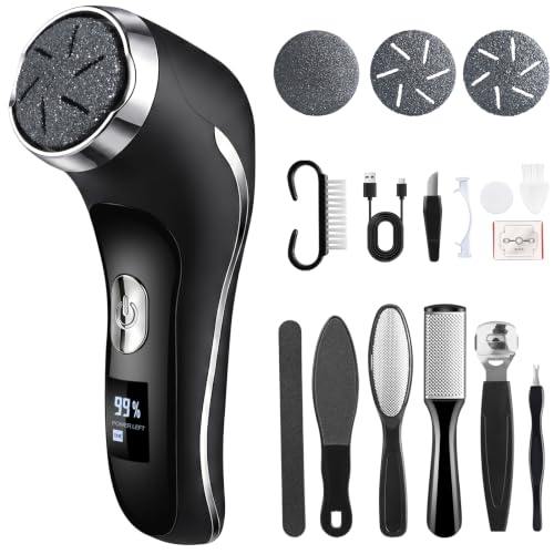 Electric Foot Callus Remover with Vacuum,Foot File Rechargeable 2 Speed,Professional Foot Scrubber with 3 Coarse Roller Heads,Waterproof Pedicure Tool Feet Care for Dead Skin Silver-black