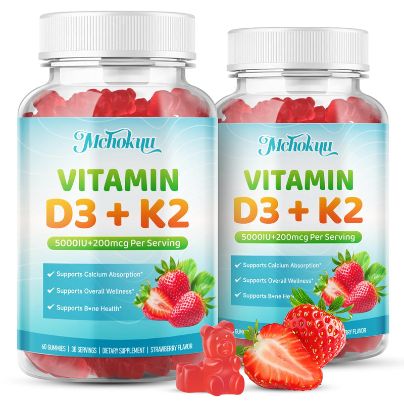 Vitamin D3 K2 Gummies 5000IU Sugar Free Supplement, 120 Count | Vitamin D3 K2 Supplement 5000IU D3 & K2 200mcg, Non-GMO, Strawberry, Supports Bone & Calcium Absorption* for Daily Wellness