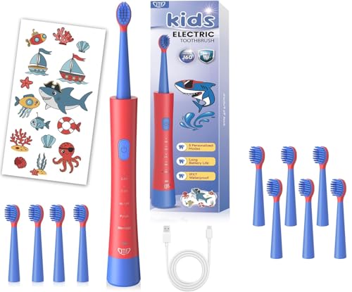 JTF Kids Electric Toothbrush with 10 Soft Brush Heads, Fun DIY Stickers, 5 Gentle Modes and Smart Timer, Safe & Effective for Sensitive Teeth, Children Sonic Toothbrush for Home & School, Ages 3+
