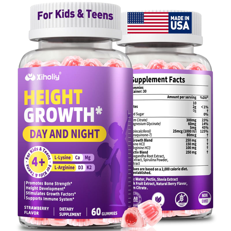 Height Growth Gummies for Kids & Teens - Natural Vitamin Growth Supplement | Plus Calcium, D3K2, Magnesium, Zinc, L-Arginine - Healthy Bone & Immune Multivitamin for Teen Boys Girls in Growing - 60 Chew