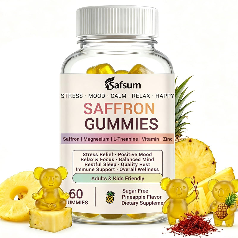Saffron Gummies with Magnesium, L-Theanine, Vitamins - Happy Gummies for Stress Relief & Mood Support Saffron Supplements for Adults & Kids, Sugar Free Pineapple Flavor, 60 Gummies