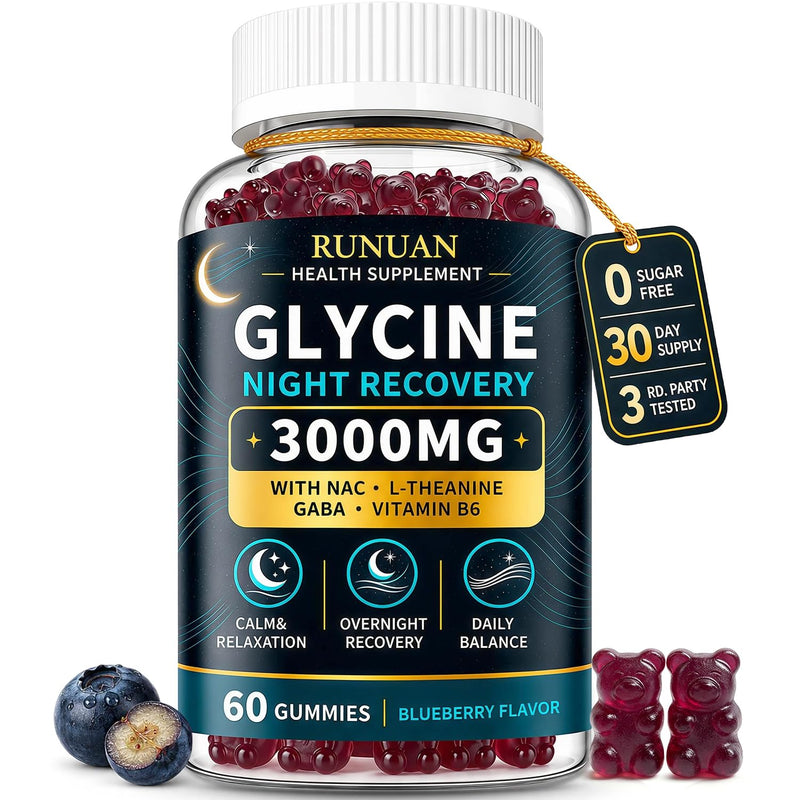 Glycine Gummies 3000mg Sleep Support with NAC, L-Theanine, GABA & B6, 60 Ct | 3g Glycine Supplements for Sleep Support, Nerve & Brain Health, Non-GMO, Sugar Free, Vegan, Blueberry Flavor
