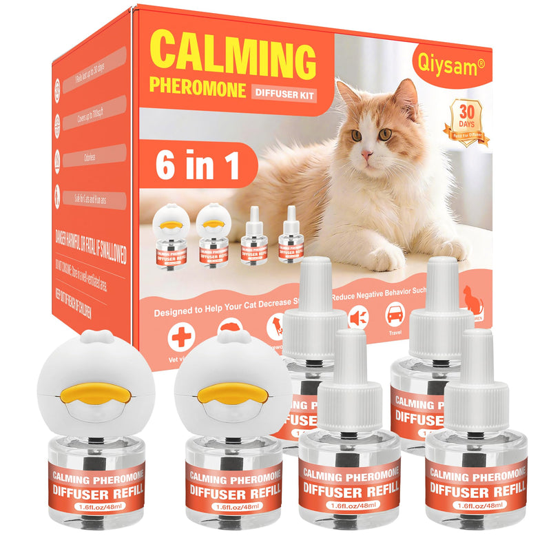 Cat Calming Diffuser - 6 in 1 Kit Cat Pheromones Calming Diffuser for Anxiety Relief, Stress, Excessive Meowing & Scratching, 120 Day Supply 2 Plug in + 4 Pack 48ml Refill (Tasteless)