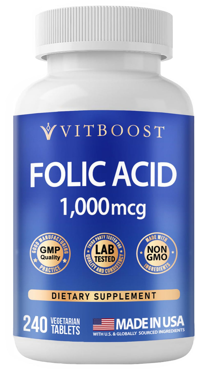 Folic Acid 1000 mcg (1667 mcg DFE) - Vitamin B9 Supplement, 240 Tablets | Non-GMO Tablets, Third Party Tested, Made in USA, Vegetarian, Supports Overall Wellness and Daily Nutrition 240 Count (Pack of 1)