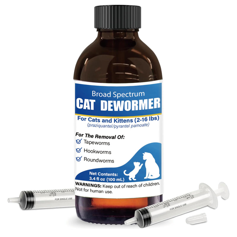Broad Spectrum Cat Dewormer Liquid for Cats & Kittens (2–16 lbs) – Praziquantel & Pyrantel Pamoate Oral Suspension for Tapeworms, Roundworms & Hookworms, 100 mL with Oral Syringe