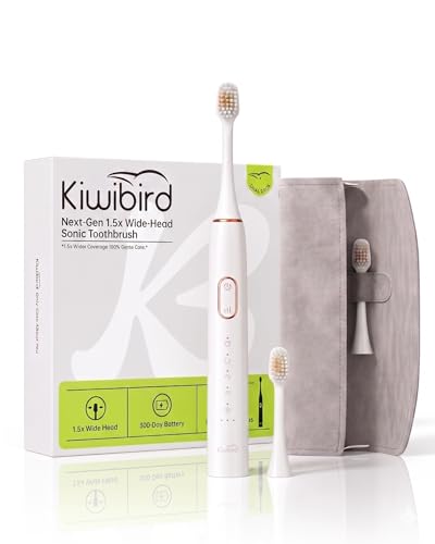 KIWIBIRD K5 Sonic Electric Toothbrush, 1.5X Wider Brush Head for 50% Faster Cleaning, High-Efficiency Power Plaque Removal, 180-Day Battery, 5 Modes & 3 Intensities (White) White