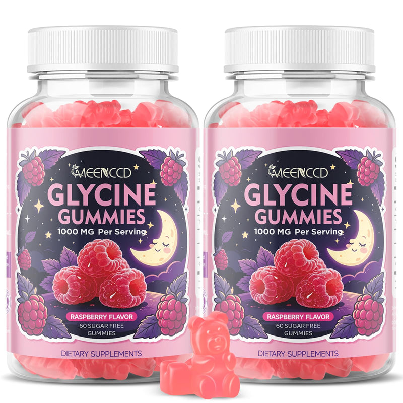 2 Pack Glycine Gummies, Glycine Supplement for Relaxation and Nerve Support | Sugar-Free, Vegan, Non-GMO, Raspberry Flavor, 120 Count 60 Count (Pack of 2)